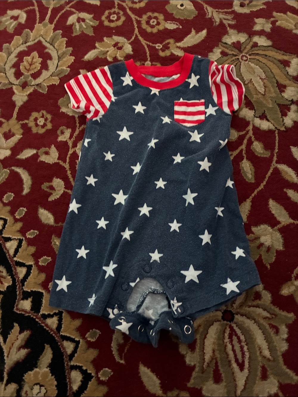 Navy Star-Print Short-Sleeve Baby Romper with Red Stripes